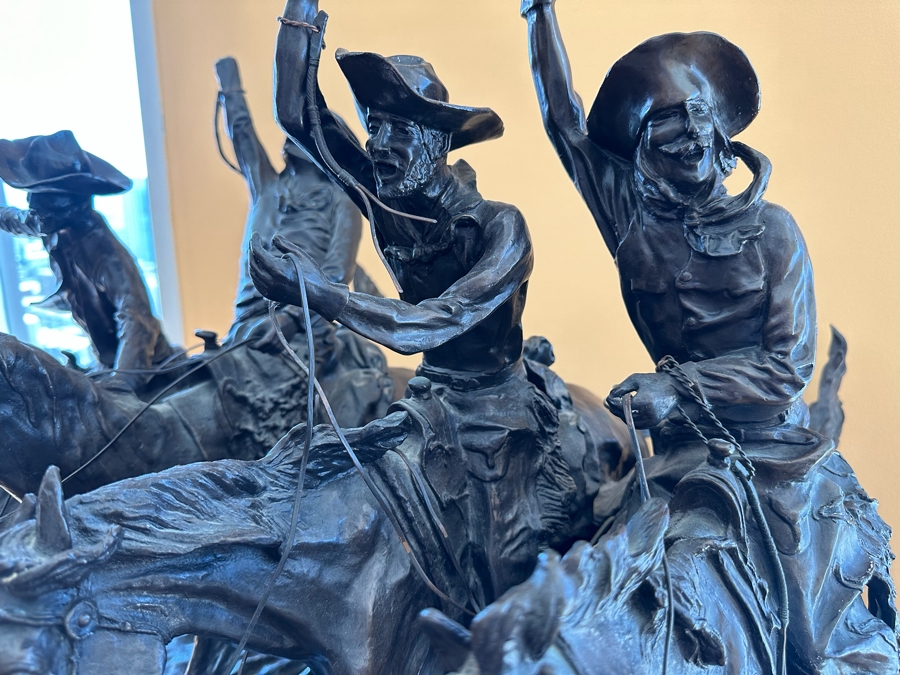 Large Frederic Remington Bronze Sculpture Titled 'Coming Through The Rye' - One Of The Cowboy's Arm Is Broken - See Photos 30W X 24D X 26H [Photo 8]