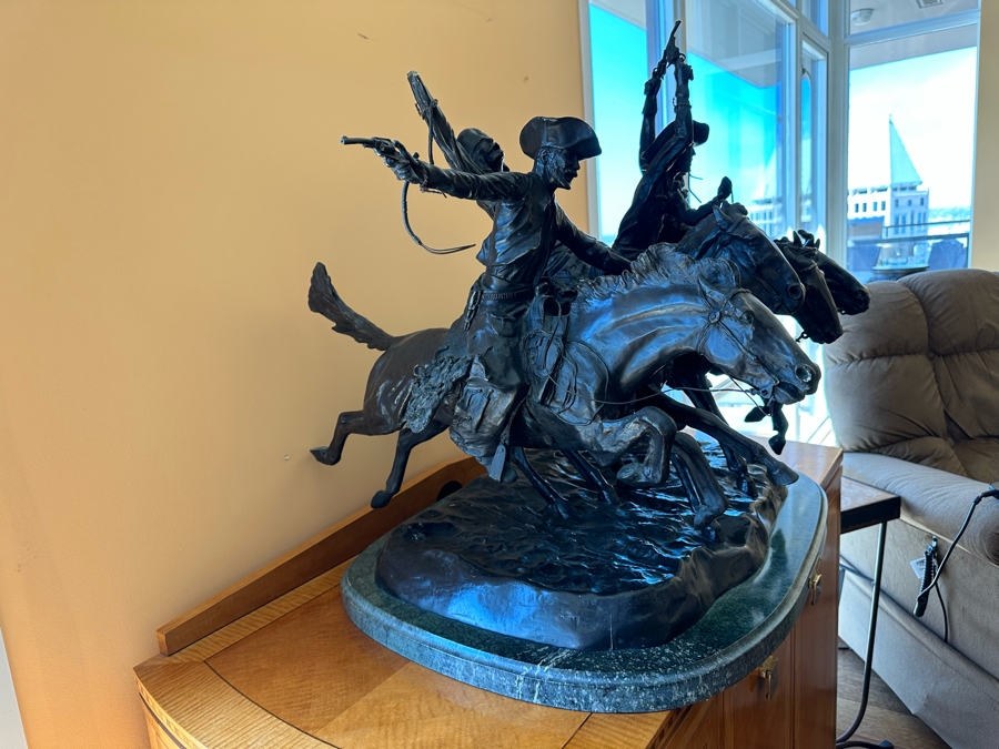 Large Frederic Remington Bronze Sculpture Titled 'Coming Through The Rye' - One Of The Cowboy's Arm Is Broken - See Photos 30W X 24D X 26H [Photo 11]
