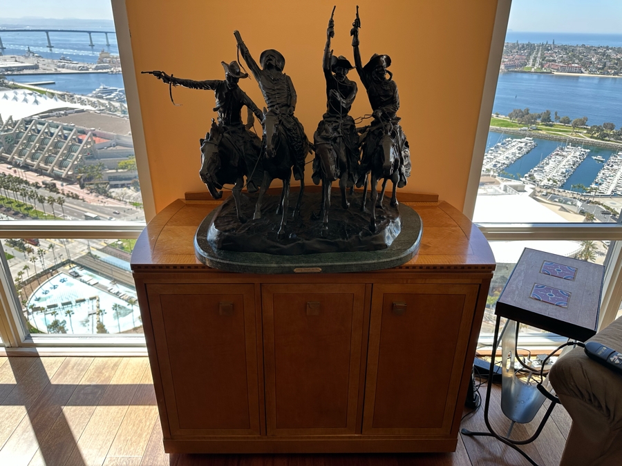 Large Frederic Remington Bronze Sculpture Titled 'Coming Through The Rye' - One Of The Cowboy's Arm Is Broken - See Photos 30W X 24D X 26H [Photo 4]