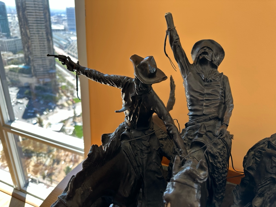 Large Frederic Remington Bronze Sculpture Titled 'Coming Through The Rye' - One Of The Cowboy's Arm Is Broken - See Photos 30W X 24D X 26H [Photo 9]