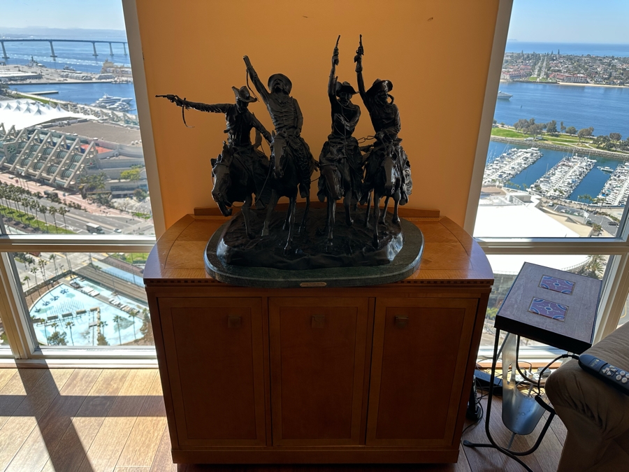 Large Frederic Remington Bronze Sculpture Titled 'Coming Through The Rye' - One Of The Cowboy's Arm Is Broken - See Photos 30W X 24D X 26H [Photo 5]