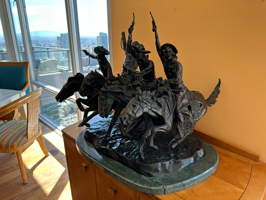 Large Frederic Remington Bronze Sculpture Titled 'Coming Through The Rye' - One Of The Cowboy's Arm Is Broken - See Photos 30W X 24D X 26H [Photo 2]