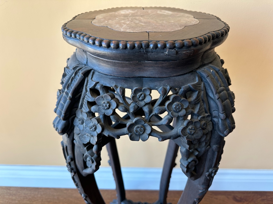 Vintage Chinese Wooden Fern Stand With Marble Top 15W X 36H [Photo 8]