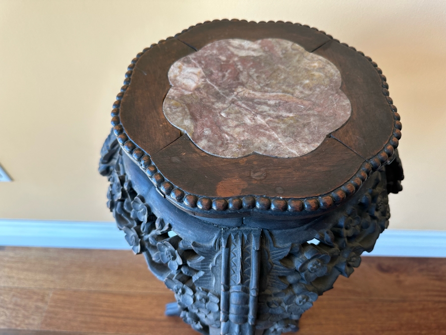 Vintage Chinese Wooden Fern Stand With Marble Top 15W X 36H [Photo 12]