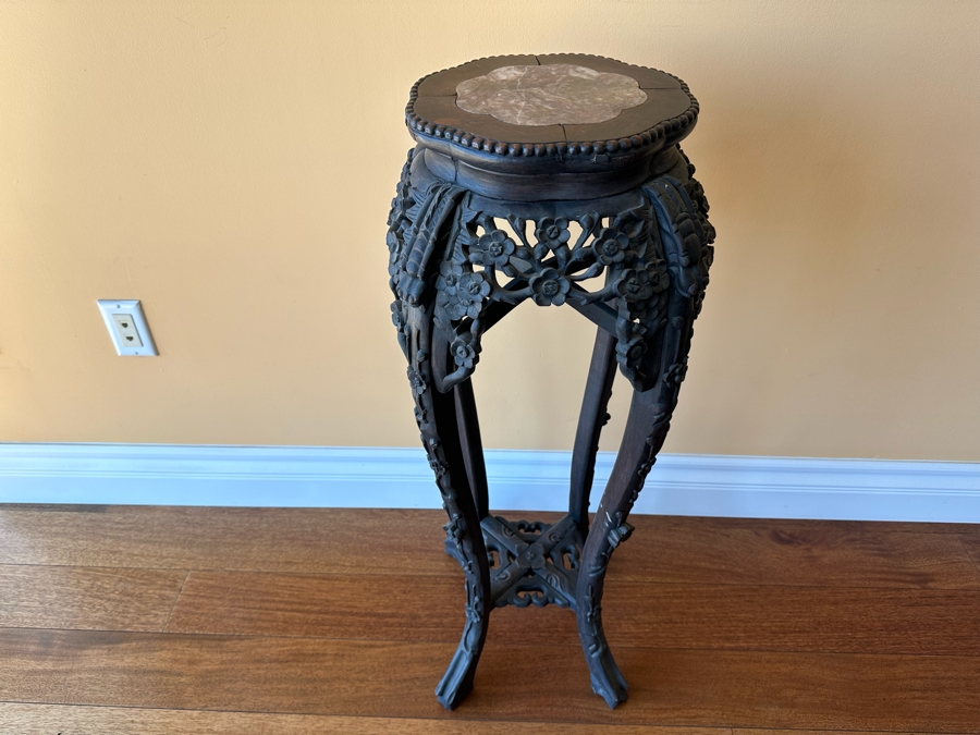 Vintage Chinese Wooden Fern Stand With Marble Top 15W X 36H [Photo 5]