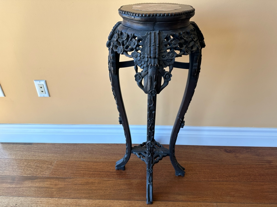 Vintage Chinese Wooden Fern Stand With Marble Top 15W X 36H [Photo 3]
