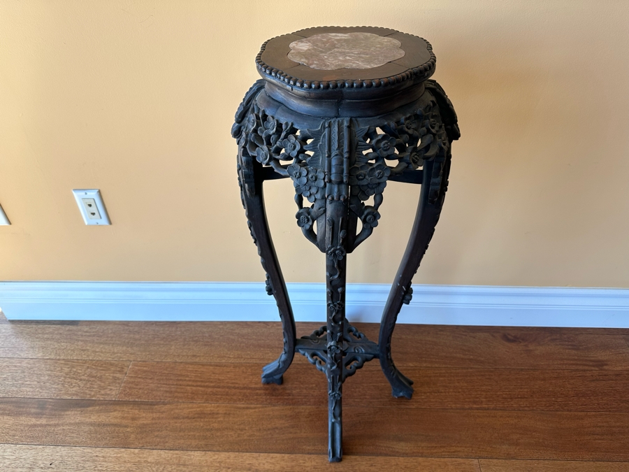 Vintage Chinese Wooden Fern Stand With Marble Top 15W X 36H [Photo 2]