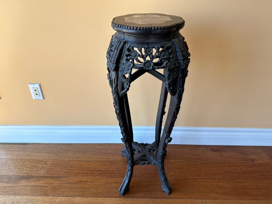 Vintage Chinese Wooden Fern Stand With Marble Top 15W X 36H [Photo 4]