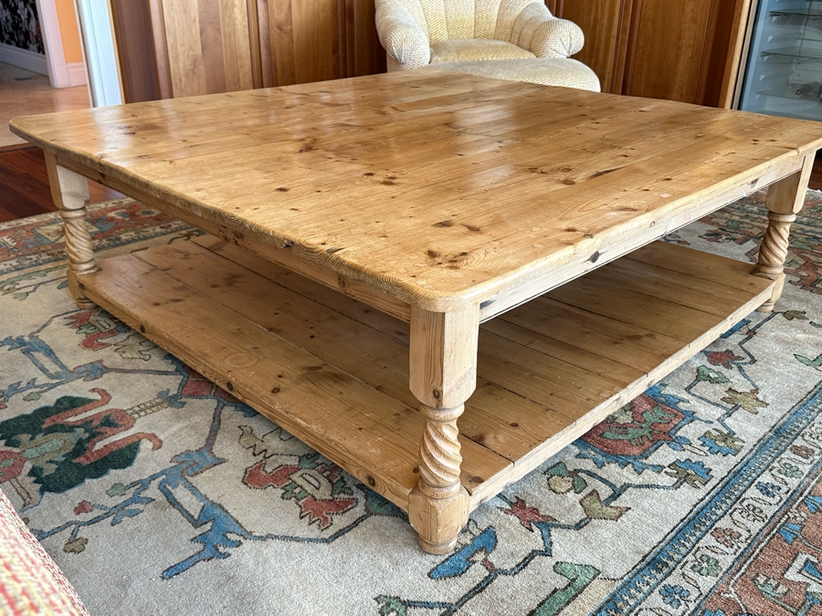 Large Carved Pine 2 Level Coffee Table 60 X 59 X 20H