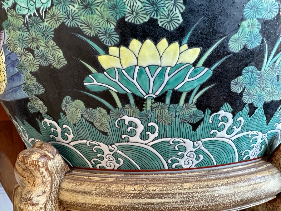 Pair Of Large Chinese Porcelain Fish Bowl Planters Signed With Wooden Stands (One Has Slight Chip In Rim - See Photos)  [Photo 5]