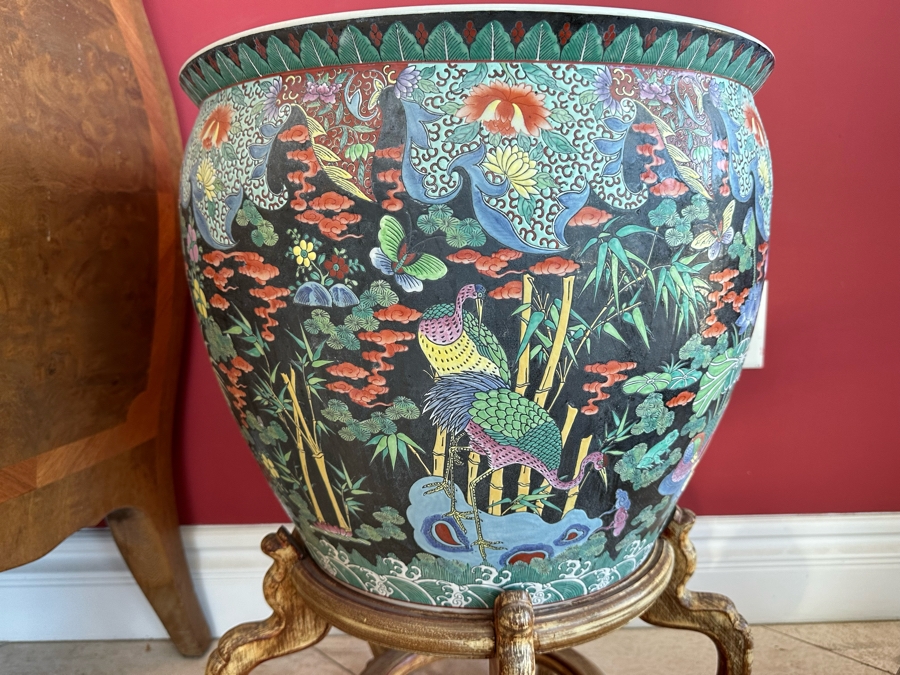 Pair Of Large Chinese Porcelain Fish Bowl Planters Signed With Wooden Stands (One Has Slight Chip In Rim - See Photos)  [Photo 10]