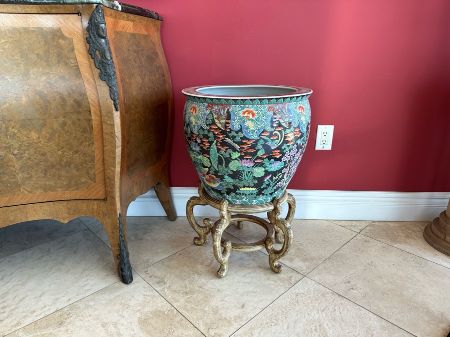 Pair Of Large Chinese Porcelain Fish Bowl Planters Signed With Wooden Stands (One Has Slight Chip In Rim - See Photos)  [Photo 2]