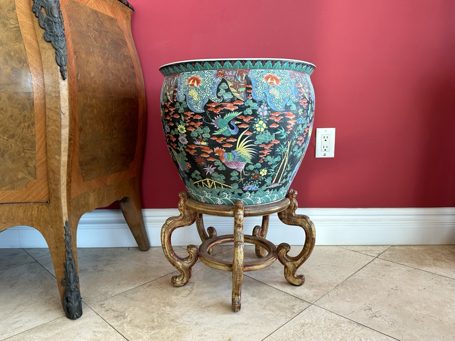 Pair Of Large Chinese Porcelain Fish Bowl Planters Signed With Wooden Stands (One Has Slight Chip In Rim - See Photos)  [Photo 12]