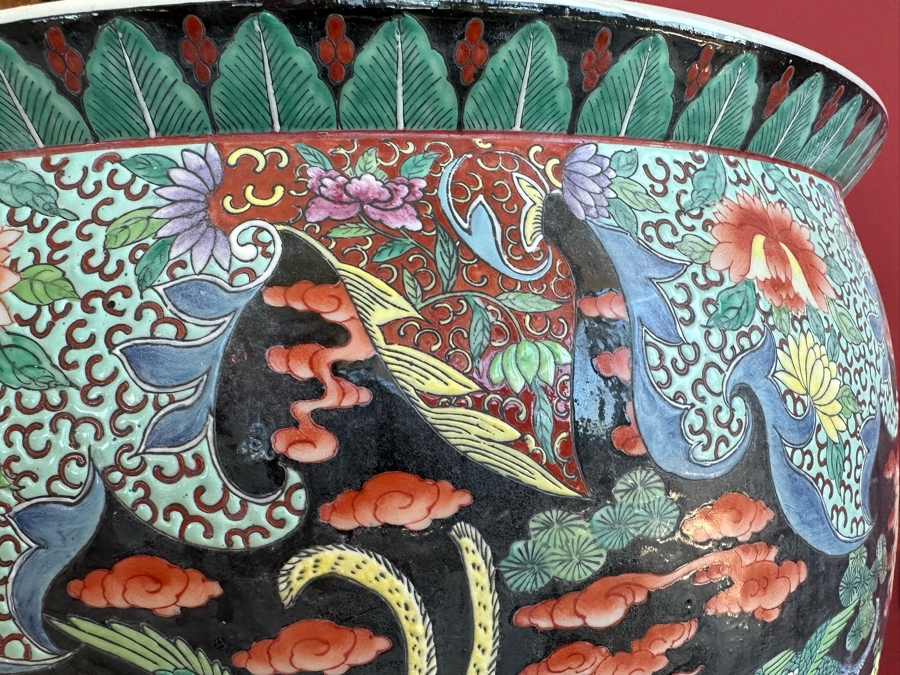 Pair Of Large Chinese Porcelain Fish Bowl Planters Signed With Wooden Stands (One Has Slight Chip In Rim - See Photos)  [Photo 6]