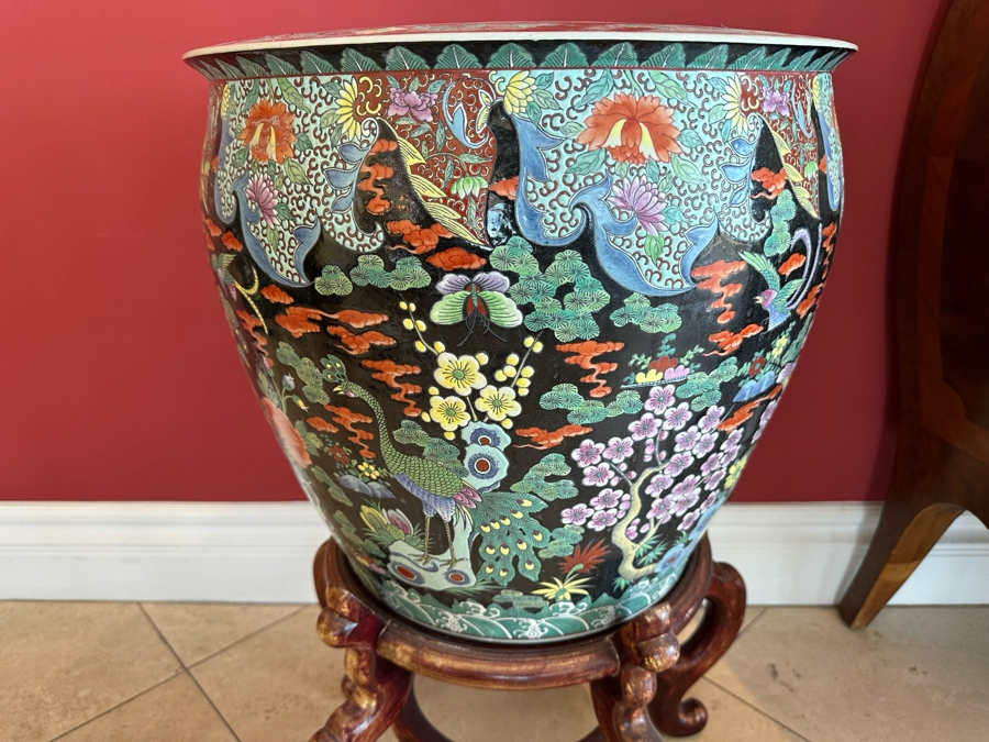 Pair Of Large Chinese Porcelain Fish Bowl Planters Signed With Wooden Stands (One Has Slight Chip In Rim - See Photos)  [Photo 18]