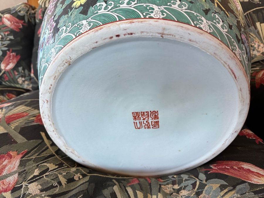 Pair Of Large Chinese Porcelain Fish Bowl Planters Signed With Wooden Stands (One Has Slight Chip In Rim - See Photos)  [Photo 13]