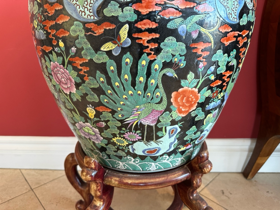 Pair Of Large Chinese Porcelain Fish Bowl Planters Signed With Wooden Stands (One Has Slight Chip In Rim - See Photos)  [Photo 23]