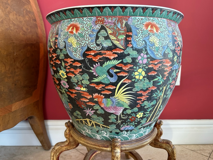 Pair Of Large Chinese Porcelain Fish Bowl Planters Signed With Wooden Stands (One Has Slight Chip In Rim - See Photos)  [Photo 11]