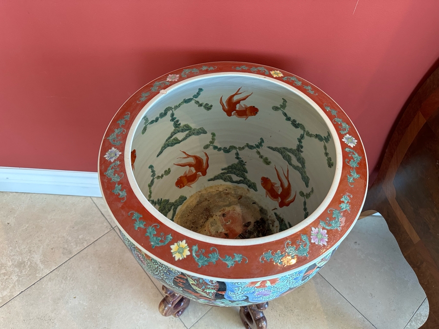 Pair Of Large Chinese Porcelain Fish Bowl Planters Signed With Wooden Stands (One Has Slight Chip In Rim - See Photos)  [Photo 19]
