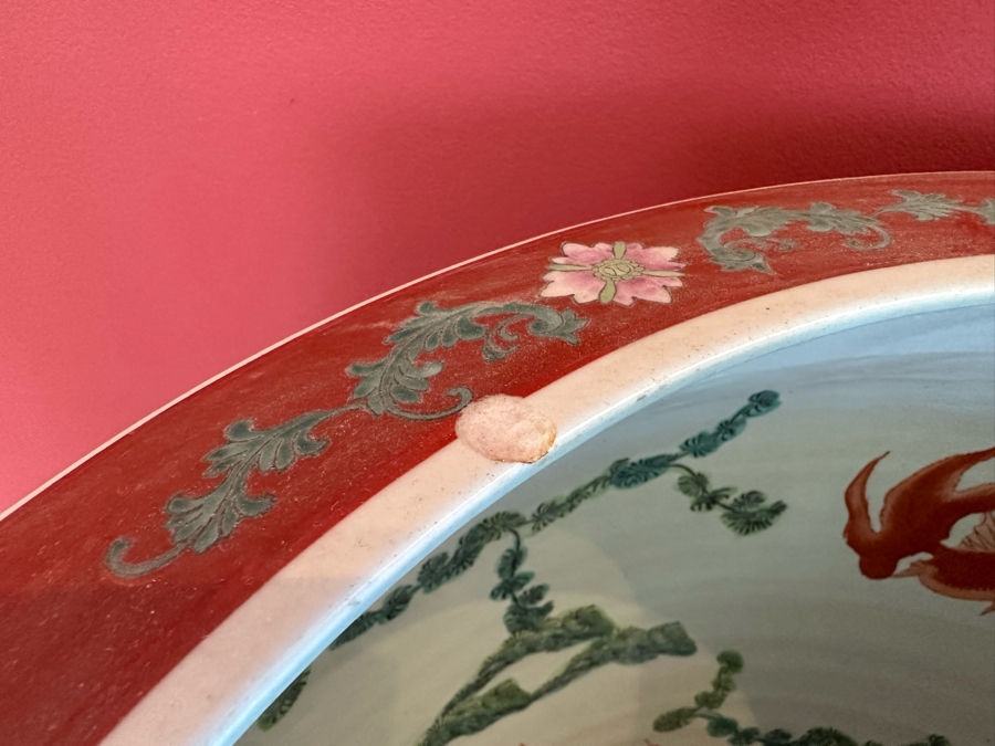 Pair Of Large Chinese Porcelain Fish Bowl Planters Signed With Wooden Stands (One Has Slight Chip In Rim - See Photos)  [Photo 21]