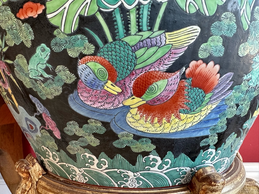 Pair Of Large Chinese Porcelain Fish Bowl Planters Signed With Wooden Stands (One Has Slight Chip In Rim - See Photos)  [Photo 8]