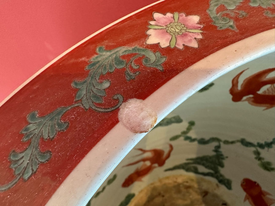 Pair Of Large Chinese Porcelain Fish Bowl Planters Signed With Wooden Stands (One Has Slight Chip In Rim - See Photos)  [Photo 20]