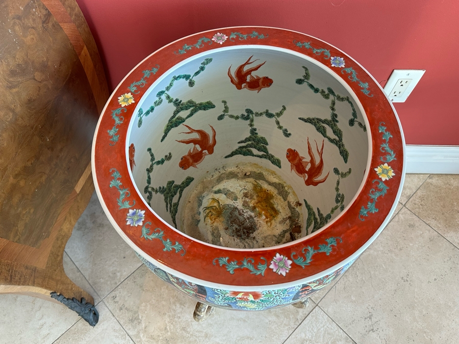 Pair Of Large Chinese Porcelain Fish Bowl Planters Signed With Wooden Stands (One Has Slight Chip In Rim - See Photos)  [Photo 4]