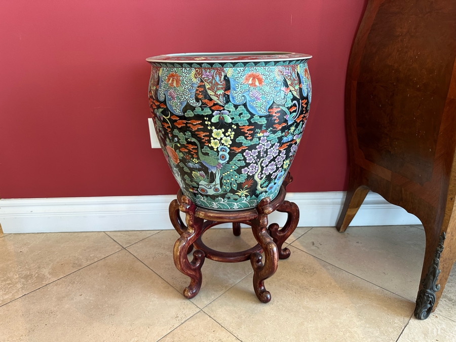 Pair Of Large Chinese Porcelain Fish Bowl Planters Signed With Wooden Stands (One Has Slight Chip In Rim - See Photos)  [Photo 16]