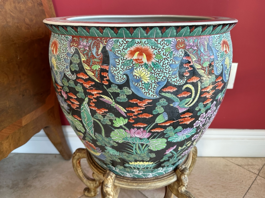 Pair Of Large Chinese Porcelain Fish Bowl Planters Signed With Wooden Stands (One Has Slight Chip In Rim - See Photos)  [Photo 3]