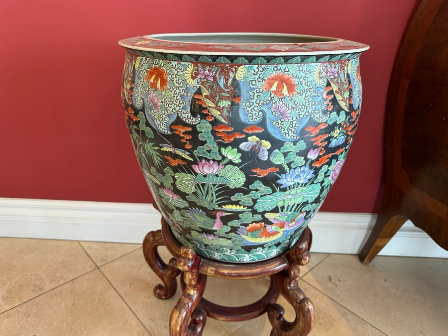 Pair Of Large Chinese Porcelain Fish Bowl Planters Signed With Wooden Stands (One Has Slight Chip In Rim - See Photos)  [Photo 24]