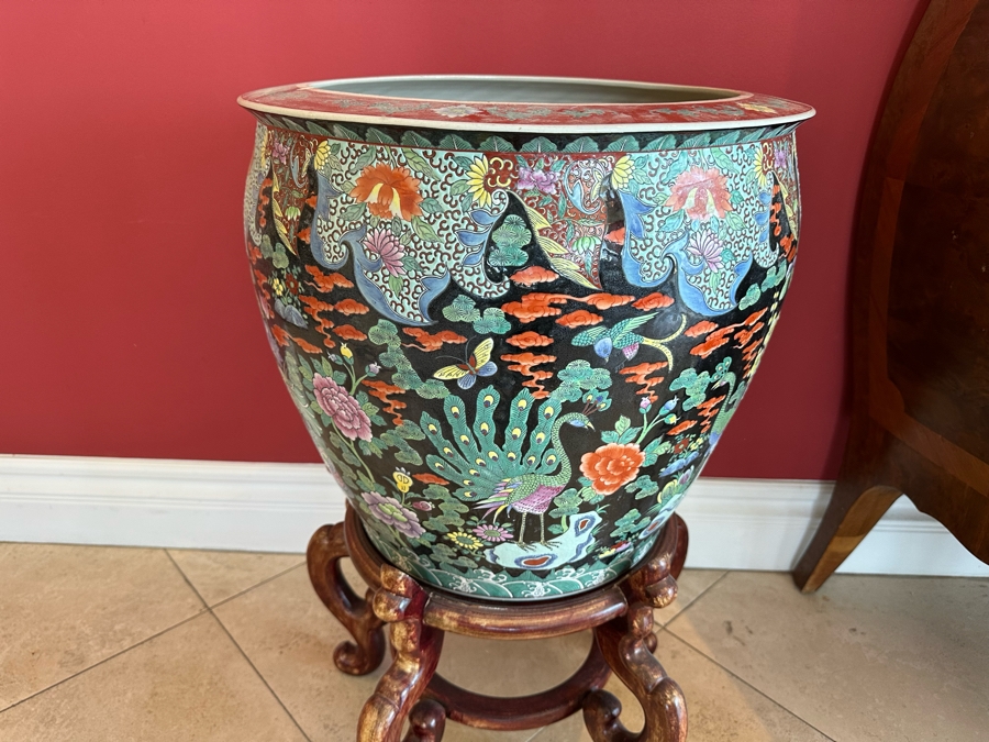 Pair Of Large Chinese Porcelain Fish Bowl Planters Signed With Wooden Stands (One Has Slight Chip In Rim - See Photos)  [Photo 22]