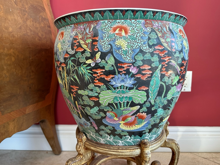 Pair Of Large Chinese Porcelain Fish Bowl Planters Signed With Wooden Stands (One Has Slight Chip In Rim - See Photos)  [Photo 7]