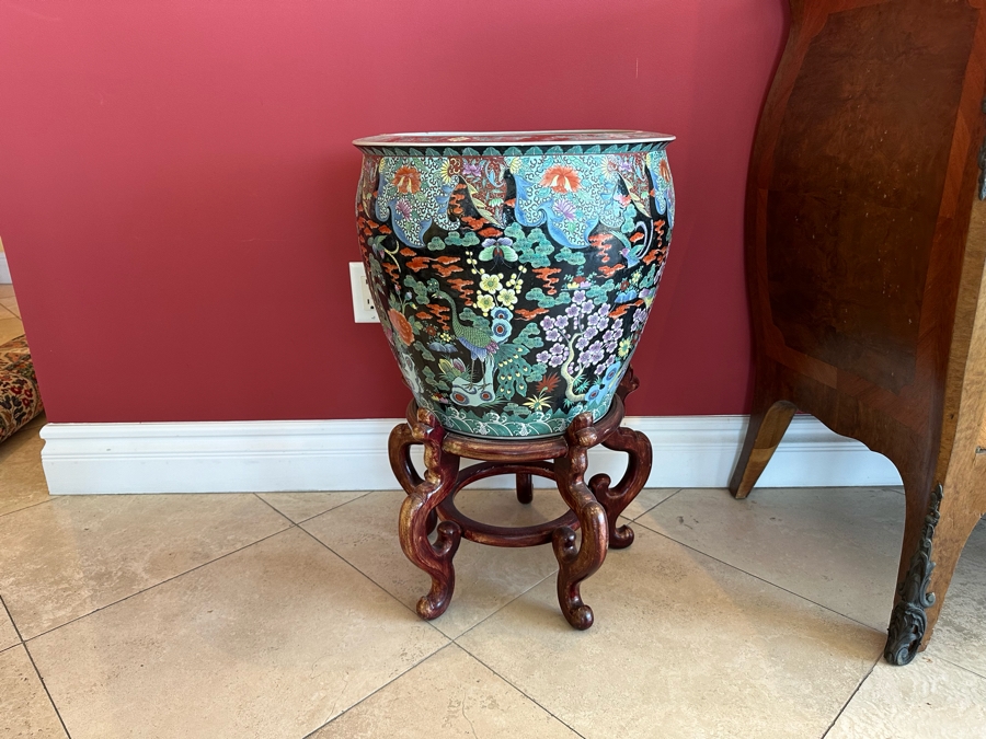 Pair Of Large Chinese Porcelain Fish Bowl Planters Signed With Wooden Stands (One Has Slight Chip In Rim - See Photos)  [Photo 17]