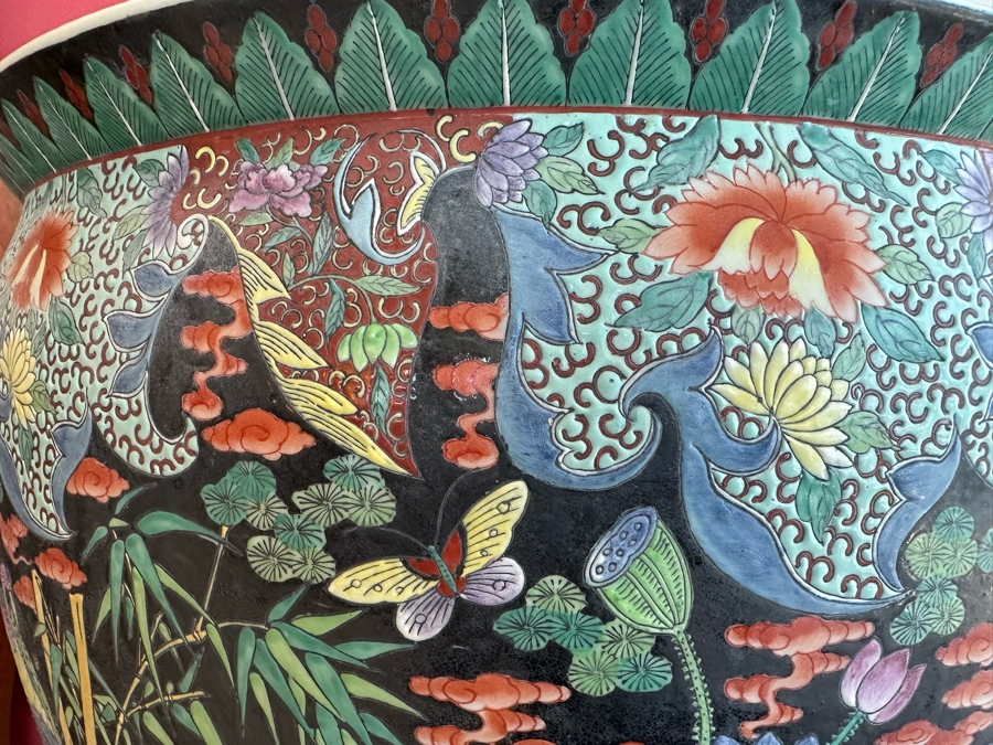 Pair Of Large Chinese Porcelain Fish Bowl Planters Signed With Wooden Stands (One Has Slight Chip In Rim - See Photos)  [Photo 9]