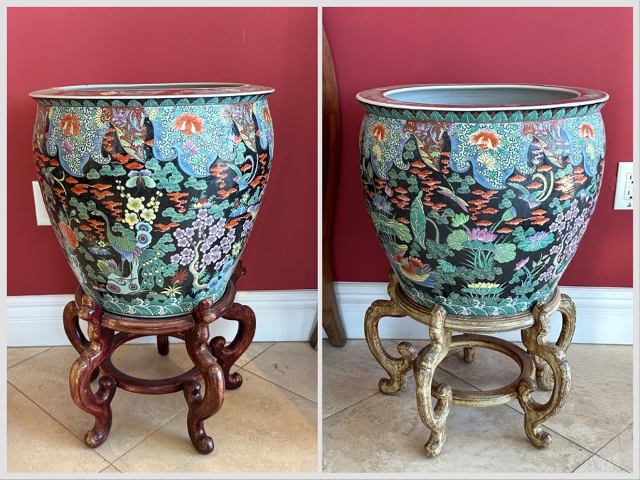 Pair Of Large Chinese Porcelain Fish Bowl Planters Signed With Wooden Stands (One Has Slight Chip In Rim - See Photos) 