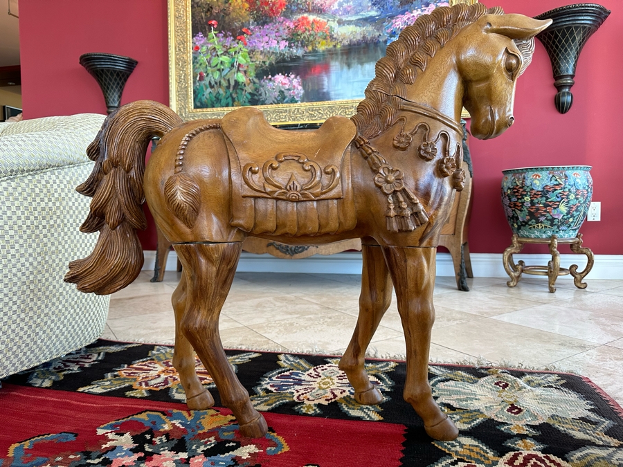 Carved Wooden Sculptural Horse 43W X 11D X 36H