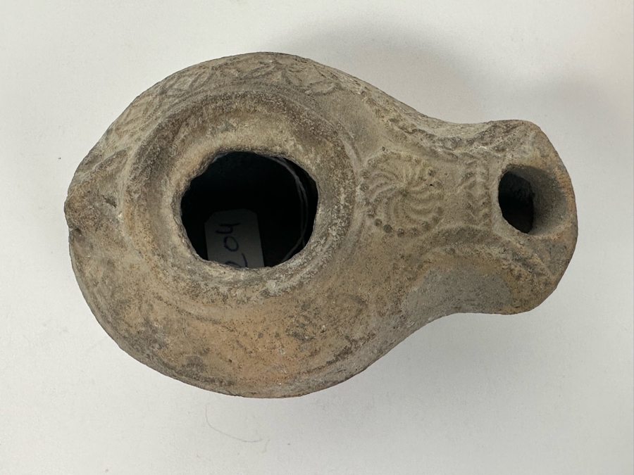 Ancient Biblical Times Clay Roman Oil Lamp Antiquity With Ornate Design 3W X 2D X 1.5H Estimate $150-$300 [Photo 8]