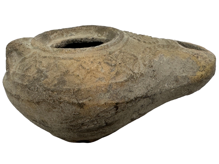 Ancient Biblical Times Clay Roman Oil Lamp Antiquity With Ornate Design 3W X 2D X 1.5H Estimate $150-$300 [Photo 2]