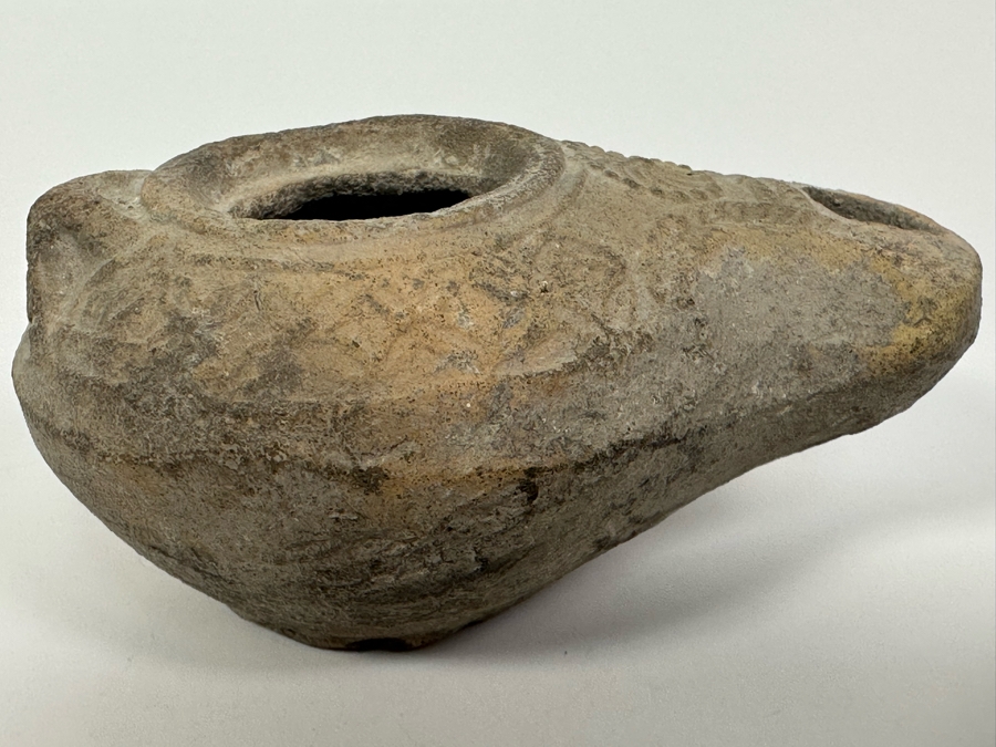 Ancient Biblical Times Clay Roman Oil Lamp Antiquity With Ornate Design 3W X 2D X 1.5H Estimate $150-$300 [Photo 18]
