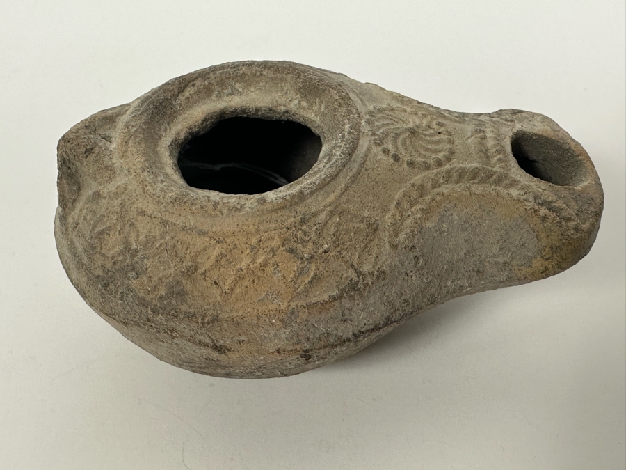 Ancient Biblical Times Clay Roman Oil Lamp Antiquity With Ornate Design 3W X 2D X 1.5H Estimate $150-$300 [Photo 7]