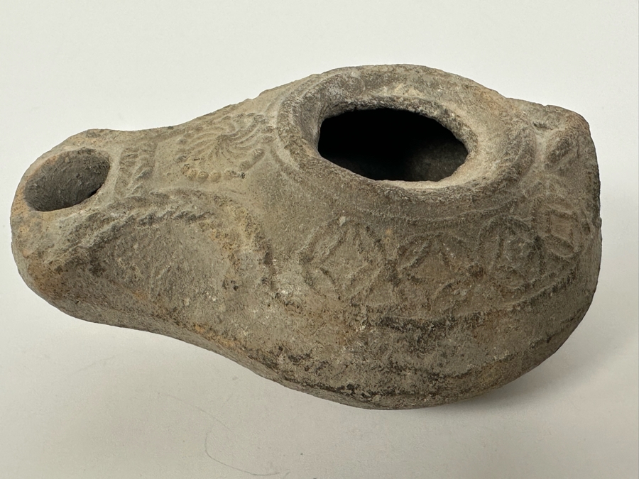 Ancient Biblical Times Clay Roman Oil Lamp Antiquity With Ornate Design 3W X 2D X 1.5H Estimate $150-$300 [Photo 10]