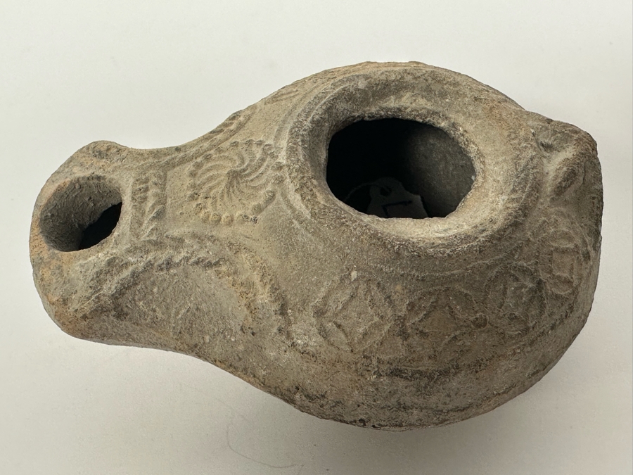 Ancient Biblical Times Clay Roman Oil Lamp Antiquity With Ornate Design 3W X 2D X 1.5H Estimate $150-$300 [Photo 11]