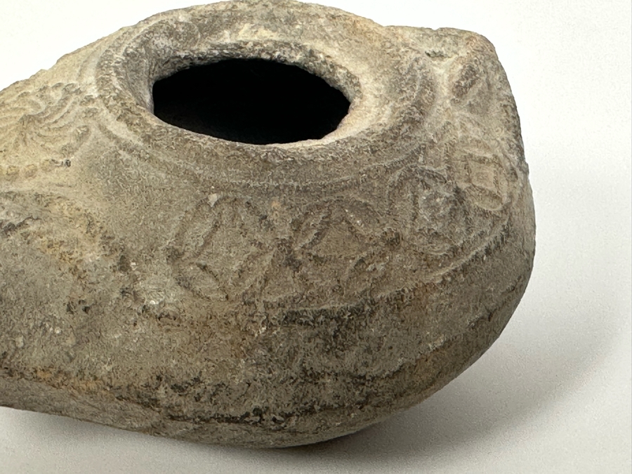 Ancient Biblical Times Clay Roman Oil Lamp Antiquity With Ornate Design 3W X 2D X 1.5H Estimate $150-$300 [Photo 21]