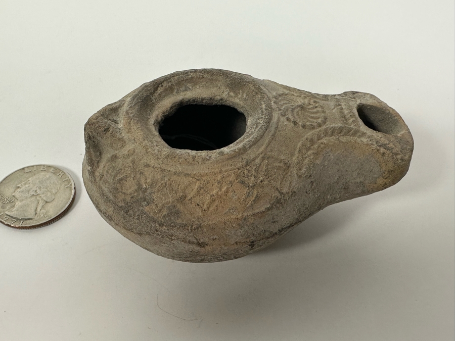 Ancient Biblical Times Clay Roman Oil Lamp Antiquity With Ornate Design 3W X 2D X 1.5H Estimate $150-$300 [Photo 3]