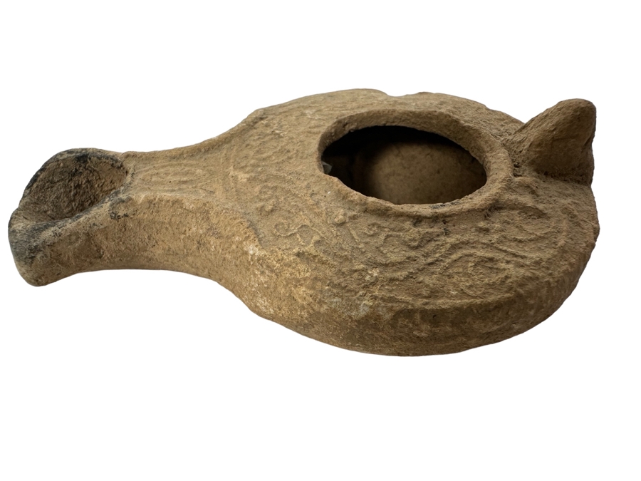 Ancient Biblical Times Clay Oil Lamp Antiquity With Ornate Design 3 X 2 Estimate $150-$300