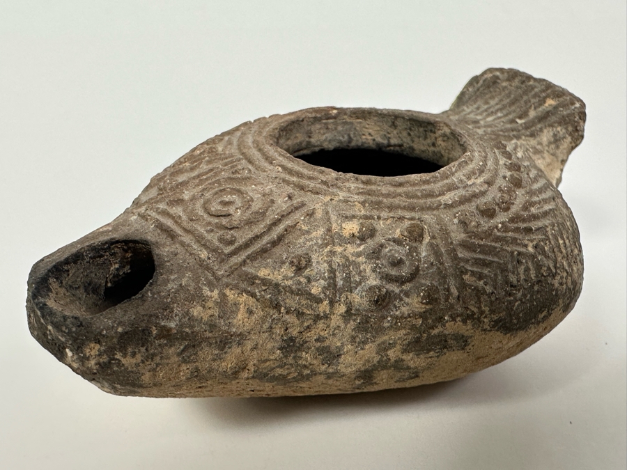 Ancient Biblical Times Clay Oil Lamp Antiquity With Ornate Design 3.5W X 2D X 1H Estimate $150-$300 [Photo 3]