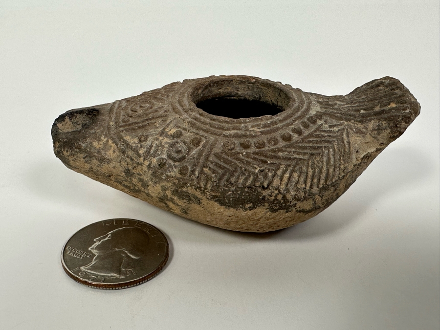 Ancient Biblical Times Clay Oil Lamp Antiquity With Ornate Design 3.5W X 2D X 1H Estimate $150-$300 [Photo 15]