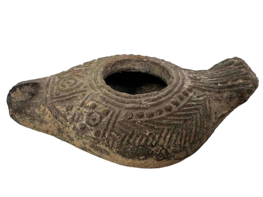 Ancient Biblical Times Clay Oil Lamp Antiquity With Ornate Design 3.5W X 2D X 1H Estimate $150-$300