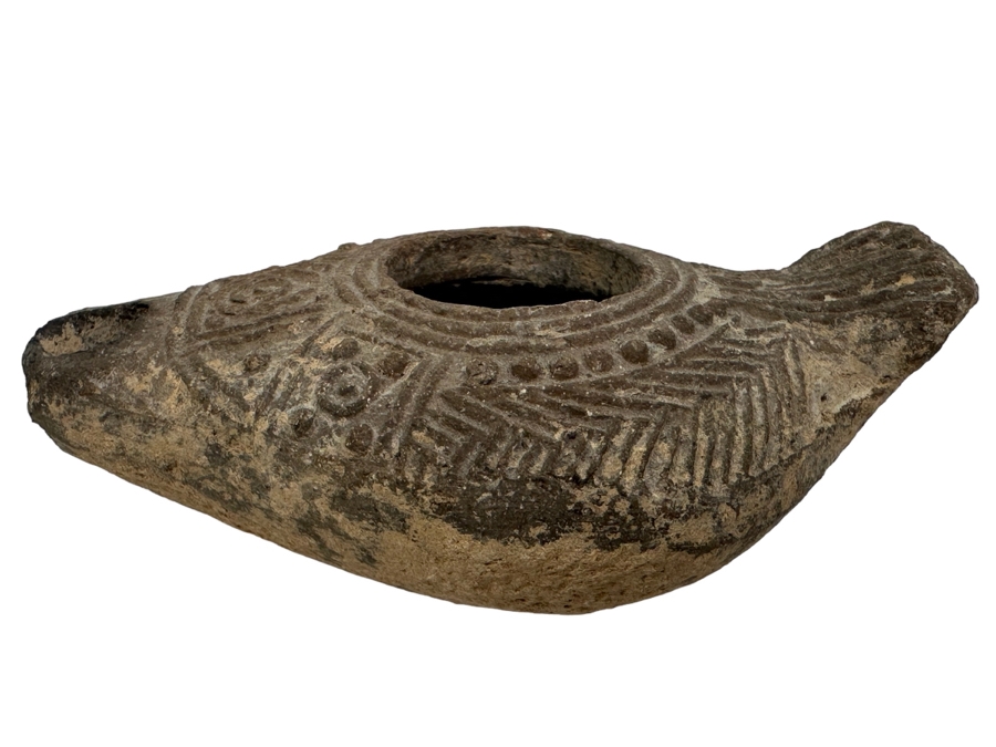 Ancient Biblical Times Clay Oil Lamp Antiquity With Ornate Design 3.5W X 2D X 1H Estimate $150-$300 [Photo 2]