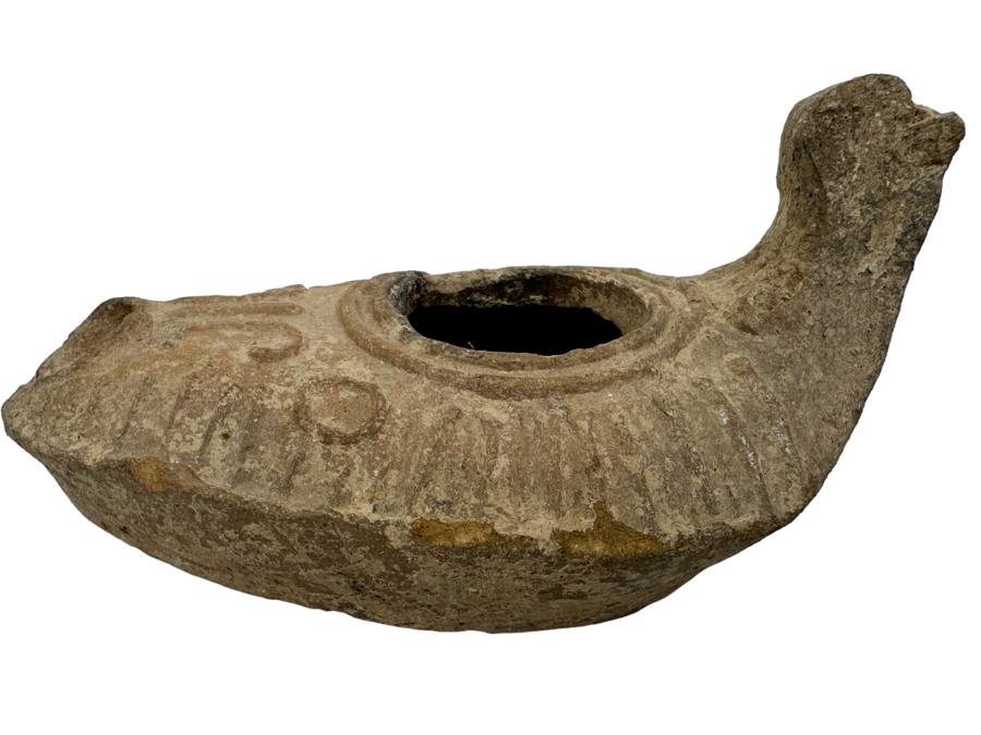 Ancient Biblical Times Clay Oil Lamp Antiquity With Ornate Design 3.5W X 1.75H Estimate $150-$300